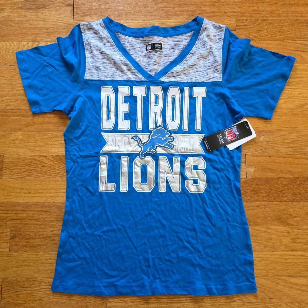 NFL Team Apparel T-Shirt Womens alarge Detroit Lions V-Neck Blue Grey New